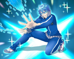 Rule 34 | 10s, 1boy, bad id, bad pixiv id, blue eyes, blue hair, crest, digital dissolve, glasses, high collar, inumuta houka, june mina, kill la kill, male focus, matching hair/eyes, on one knee, shoes, short hair, smile, sneakers, solo, track suit