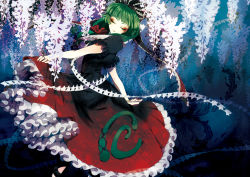 Rule 34 | 1girl, abstract, clothes lift, dancing, dress, closed eyes, female focus, flower, frills, front ponytail, green hair, hair ornament, kagiyama hina, kyachi, leaf, nature, pepepo, short hair, skirt, skirt lift, smile, solo, touhou, wisteria