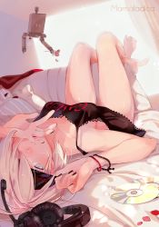 Rule 34 | 1girl, bed, blindfold, blue eyes, camisole, cd, full body, grey hair, hair over one eye, highres, long hair, looking at viewer, marmaladica, nail polish, nier (series), nier:automata, one eye covered, pod (nier:automata), short hair, solo, 2b (nier:automata)