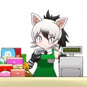 Rule 34 | 1girl, aardwolf (kemono friends), animal ear fluff, animal ears, animated, apron, black hair, cash register, commentary, elbow gloves, food, gloves, green apron, japari bun, japari symbol, kemono friends, looping animation, multicolored hair, name tag, pocky, ponytail, scanner, smile, solo, taro (tontaro), two-tone hair, video, white hair