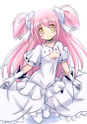 Rule 34 | 10s, 1girl, bad id, bad pixiv id, blush, bow, choker, cleavage cutout, clothing cutout, dress, gloves, hair bow, highres, kaname madoka, kneeling, long hair, mahou shoujo madoka magica, mahou shoujo madoka magica (anime), naruse mai, pink hair, short sleeves, simple background, smile, solo, two side up, ultimate madoka, very long hair, white background, white dress, white gloves, yellow eyes