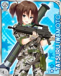 Rule 34 | 1girl, bazooka, blue background, brown hair, camouflage, card, character name, fingerless gloves, girlfriend (kari), gloves, goggles, grey eyes, gun, handgun, holding, holster, iwamoto tatsuru, looking at viewer, man-portable anti-tank systems, official art, open mouth, pistol, ponytail, qp:flapper, rifle, smile, solo, standing, tagme, v-shaped eyebrows, weapon