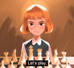 Rule 34 | 1girl, blunt bangs, brown background, brown eyes, chess piece, chessboard, child, closed mouth, commentary, elizabeth harmon, english commentary, highres, leepix x, looking at viewer, short hair, simple background, solo, the queen&#039;s gambit