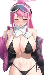 Rule 34 | 1girl, absurdres, bikini, black bikini, blue archive, blush, breasts, eimi (swimsuit) (blue archive), goggles, goggles on head, halo, highres, jacket, large breasts, long hair, navel, official alternate costume, open clothes, open jacket, pink hair, pink halo, pink jacket, ponytail, rk (cc15915r), scarf, ski goggles, solo, sweat, swimsuit, white background