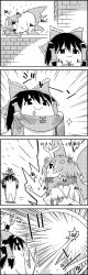 Rule 34 | 4koma, aura, bow, butterfly wings, clenched hands, comic, commentary request, emphasis lines, eternity larva, flying, greyscale, hair between eyes, hair bow, hair ribbon, hair tubes, hakurei reimu, highres, holding, insect wings, knitting, knitting needle, leaf, leaf on head, ledge, medicine melancholy, mini person, minigirl, monochrome, needle, on head, person on head, ribbon, scarf, short hair, smile, sparkle, speed lines, tani takeshi, touhou, translation request, warming, waving, wings, yukkuri shiteitte ne