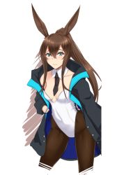 Rule 34 | 1girl, akitsuki karasu, amiya (arknights), animal ears, arknights, black jacket, black necktie, black pantyhose, blue eyes, blush, breasts, brown hair, collarbone, commentary request, covered navel, cowboy shot, cropped legs, detached collar, fake animal ears, hair between eyes, jacket, leotard, long hair, long sleeves, looking at viewer, necktie, open clothes, open jacket, pantyhose, playboy bunny, rabbit ears, sidelocks, simple background, small breasts, solo, standing, strapless, strapless leotard, thighs, white background, white leotard