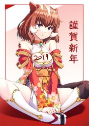 Rule 34 | 1girl, 2019, arata, bare shoulders, body writing, border, breasts, brown hair, chinese zodiac, choker, cleavage, cleavage cutout, clothing cutout, full body, geta, happy new year, highres, indian style, japanese clothes, kimono, kneehighs, medium hair, new year, obi, original, purple eyes, red border, red kimono, sash, sitting, smile, socks, solo, tabi, v arms, white socks, year of the pig