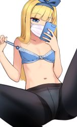 Rule 34 | 1girl, absurdres, black pantyhose, blonde girl (popopoka), blonde hair, blue bra, blunt bangs, borrowed character, bra, bra pull, clothes pull, collarbone, covered mouth, feet out of frame, flat chest, hairband, highres, long hair, looking at viewer, navel, original, pantyhose, smile, solo, spread legs, stomach, strap pull, underwear, undressing, white background, yeun
