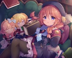 Rule 34 | 1girl, :o, baku-p, beret, black coat, black hat, black pantyhose, blonde hair, blue bow, blue eyes, blush, book, bow, braid, brown hair, character doll, chieru (princess connect!), chloe (princess connect!), coat, commentary request, couch, dress, feet out of frame, frilled dress, frills, hair between eyes, hair over shoulder, hands up, hat, highres, hood, hood down, hooded coat, long hair, long sleeves, low twintails, lying, on back, on couch, open book, pantyhose, parted lips, pillow, pink hair, princess connect!, sleeves past wrists, solo, twin braids, twintails, white dress, yuni (princess connect!)