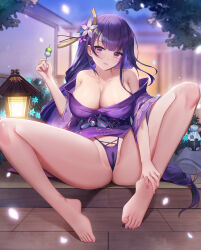 Rule 34 | 1girl, absurdres, areola slip, bare legs, bare shoulders, barefoot, blue flower, blurry, blurry background, blush, bottle, braid, breasts, cameltoe, cleavage, closed mouth, collarbone, dango, falling petals, feet, flower, food, full body, genshin impact, hair flower, hair ornament, hand on own ankle, hand on own leg, hand up, highres, holding, holding food, japanese clothes, kimono, knees up, lamp, large breasts, legs, long hair, long legs, looking at viewer, low-braided long hair, low-tied long hair, milk bottle, mole, mole under eye, nail polish, obi, off shoulder, panties, petals, purple eyes, purple hair, purple kimono, purple nails, purple panties, raiden shogun, sash, short kimono, sidelocks, single braid, solo, spread legs, tassel, tassel hair ornament, thick thighs, thighs, toenail polish, toenails, toes, underwear, very long hair, vision (genshin impact), wagashi, white flower, wide sleeves, wooden floor, xingchee