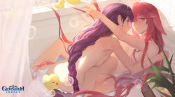 Rule 34 | 2girls, absurdres, air bubble, animal ears, arm up, ass, bandaid, bandaids on nipples, bath, bathroom, bathtub, bent over, blush, braid, breasts, bubble, chinese commentary, commentary, curtains, english commentary, fox ears, fox girl, from behind, full body, genshin impact, hair between eyes, hand on another&#039;s shoulder, highres, indoors, knees up, large breasts, leaf, legs, long hair, looking at viewer, lying, mixed-language commentary, multiple girls, nude, on back, parted lips, pasties, pink hair, purple eyes, purple hair, raiden shogun, rubber duck, saliva, shadow, sideboob, sidelocks, sitting, smile, spread legs, sunlight, very long hair, w39, wall, water, wet, window shadow, yae miko, yuri