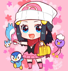 Rule 34 | 1girl, arm up, artist name, bag, beanie, black eyes, black hair, black shirt, black socks, blue eyes, blush, boots, chibi, creatures (company), dated, dawn (pokemon), drifloon, duffel bag, female focus, full body, game freak, gen 4 pokemon, hair ornament, hairclip, hand up, happy, hat, holding, holding poke ball, knee boots, kneehighs, long hair, looking at viewer, miniskirt, nago celica, nintendo, open mouth, outstretched arm, pachirisu, pink background, pink footwear, pink skirt, piplup, poke ball, poke ball (basic), poke ball symbol, poke ball theme, pokemon, pokemon (creature), pokemon dppt, red scarf, scarf, shirt, signature, simple background, skirt, sleeveless, sleeveless shirt, smile, socks, solo focus, standing, white headwear