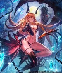 Rule 34 | 1girl, black thighhighs, blonde hair, breasts, chain, cleavage, gem, groin, high heels, horns, lack, light smile, lord of vermilion, lord of vermilion iii, milia (lord of vermilion), navel, panties, pointy ears, red eyes, revealing clothes, single thighhigh, solo, string panties, thighhighs, underwear, wings