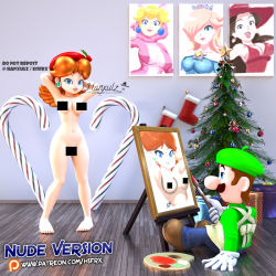 Rule 34 | 1boy, 4girls, arm behind head, artist name, bar censor, blonde hair, blue eyes, blue skirt, box, breasts, brown hair, candy, candy cane, cat peach, catsuit, censored, censored nipples, christmas ornaments, christmas stocking, christmas tree, cleavage, crown, donkey kong (series), earrings, eyeshadow, food, gift, gift box, gloves, grin, hair over one eye, hat, jewelry, lipstick, long hair, luigi, makeup, mario (series), mario kart, mario kart tour, multiple girls, nintendo, nude, paintbrush, painting (action), pauline (mario), princess daisy, princess peach, red skirt, rosalina, sitting, skirt, smile, standing, super mario 3d world, super mario galaxy, super mario odyssey, tomboy