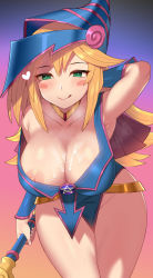 Rule 34 | 1girl, blonde hair, blush, breasts, cleavage, cum, cum on body, cum on breasts, cum on upper body, dark magician girl, female focus, green eyes, hat, highres, long hair, looking at viewer, nipple slip, nipples, nt00, smile, solo, tongue, tongue out, yu-gi-oh!