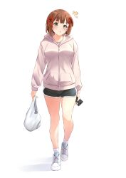 Rule 34 | 1girl, :o, absurdres, amami haruka, b1ack illust, bag, bare legs, black shorts, blush, breasts, brown hair, cellphone, collarbone, dolphin shorts, full body, hair ribbon, highres, holding, holding bag, holding phone, hood, hoodie, idolmaster, idolmaster (classic), idolmaster million live!, large breasts, looking at viewer, phone, plastic bag, red ribbon, ribbon, short shorts, shorts, simple background, solo, white background