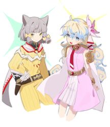 Rule 34 | + +, 2girls, animal ears, aqua hair, armor, blonde hair, blue eyes, bodysuit, bow, bowtie, bracelet, cape, cat ears, cropped legs, crossover, curly hair, dress, facial mark, flower, gloves, grey hair, hair bow, highres, jewelry, metal belt, multicolored hair, multiple girls, name connection, necktie, nia (xenoblade), nia teppelin, open clothes, pink dress, shoulder armor, simple background, smile, sparkle, tengen toppa gurren lagann, tongue, two-tone hair, white background, white gloves, xenoblade chronicles (series), xenoblade chronicles 2, yellow bodysuit, yellow eyes