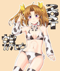 Rule 34 | 1girl, 2021, alternate costume, animal print, bikini, breasts, brown hair, chinese zodiac, cow print, detached sleeves, hair ribbon, highres, kagerou (kancolle), kantai collection, long hair, monsuu (hoffman), navel, print bikini, print sleeves, print thighhighs, purple eyes, ribbon, small breasts, solo, swimsuit, thighhighs, twintails, white bikini, white sleeves, white thighhighs, year of the ox, yellow ribbon