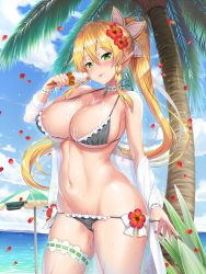 Rule 34 | 1girl, :p, bare shoulders, beach, beach umbrella, bikini, bikini tug, blonde hair, blue sky, blush, braid, breasts, choker, cleavage, cloud, cowboy shot, day, fairy, flower, food, frilled bikini, frills, green eyes, grey bikini, groin, hair between eyes, hair flower, hair ornament, head tilt, hibiscus, highres, holding, holding food, ice cream, ice cream cone, kawase seiki, large breasts, leafa, long ears, long hair, looking at viewer, nail polish, navel, ocean, open mouth, outdoors, palm tree, petals, plant, pointy ears, ponytail, purple nails, shiny skin, sidelocks, skindentation, sky, smile, solo, stomach, sweat, swimsuit, sword art online, thigh strap, tongue, tongue out, tree, twin braids, umbrella, very long hair, wings