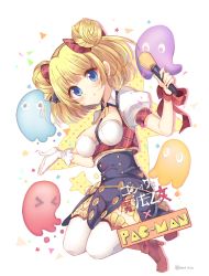 Rule 34 | &gt; &lt;, 1girl, :p, blinky (pac-man), blonde hair, blue eyes, boots, bow, clyde (pac-man), crossover, double bun, full body, gloves, gold trim, gothic wa mahou otome, hair bow, hair bun, holding, holding microphone, inky (pac-man), looking at viewer, microphone, pac-man, pac-man (game), pinky (pacman), red bow, red footwear, red ribbon, rento (rukeai), ribbon, short hair, single glove, smile, solo, star (symbol), starry background, title, tongue, tongue out, white gloves, white legwear