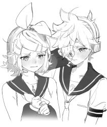 Rule 34 | 1boy, 1girl, arm warmers, bare shoulders, bass clef, blush, border, bow, commentary, crying, crying with eyes open, fading border, greyscale, hair bow, hair ornament, hairclip, half-closed eyes, headphones, headset, kagamine len, kagamine rin, monochrome, naoko (naonocoto), neckerchief, necktie, sailor collar, school uniform, shirt, short hair, short ponytail, sketch, sleeveless, sleeveless shirt, spiked hair, swept bangs, tears, treble clef, upper body, vocaloid, wavy mouth, white background, wiping tears