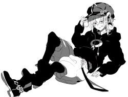 Rule 34 | 1girl, 90 sik, absurdres, boots, cabbie hat, commentary, drill, full body, gear hat ornament, greyscale, hat, highres, hood, hoodie, indie virtual youtuber, kaiten-tsuzuri, long sleeves, looking at viewer, monochrome, object through head, open mouth, pantyhose, red eyes, screw in head, short hair, shorts, simple background, solo, spot color, virtual youtuber