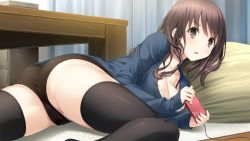 Rule 34 | 1girl, ass, black legwear, breasts, brown eyes, brown hair, cameltoe, cleavage, controller, game cg, game controller, gamepad, haru kiss, large breasts, legs, long hair, looking at viewer, lying, mikoto akemi, on side, pillow, shiraishi aoi, short shorts, shorts, solo, table, thighs
