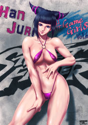 Rule 34 | 1girl, alternate costume, bad id, bad pixiv id, bikini, black hair, breasts, character name, cleavage, drill hair, graffiti, han juri, highres, looking at viewer, mugetsu2501, navel, purple eyes, smile, solo, spider web print, stomach, street fighter, street fighter v, swimsuit, thong bikini, tongue, tongue out, twin drills, wall