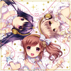 Rule 34 | 3girls, :d, :o, album cover, bare shoulders, bracelet, brown hair, choker, cover, hair ornament, headphones, jewelry, long hair, looking at viewer, lying, multicolored stripes, multiple girls, on back, on side, open mouth, original, ponytail, purple eyes, purple hair, ribbon, short hair, side ponytail, smile, star (symbol), striped ribbon, wasabi (sekai), yellow eyes