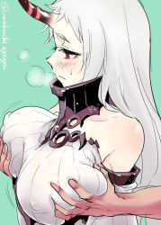 Rule 34 | 10s, 1girl, abyssal ship, bad id, bad pixiv id, bare shoulders, blush, grabbing another&#039;s breast, breasts, detached sleeves, dress, covered erect nipples, grabbing, highres, horns, into-rain, kantai collection, large breasts, long hair, red eyes, revision, ribbed dress, seaport princess, single horn, solo focus, umakuchi shouyu (into-rain), white hair
