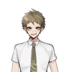 Rule 34 | 1boy, :d, ahoge, brown hair, collared shirt, commentary request, danganronpa (series), danganronpa 2: goodbye despair, green eyes, green necktie, hinata hajime, looking at viewer, male focus, necktie, open mouth, raonal97, shirt, short hair, short sleeves, simple background, smile, solo, striped, upper body, white background, white shirt