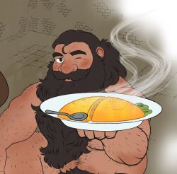 Rule 34 | 1boy, bara, beard, beard over mouth, blush, brown hair, completely nude, dungeon meshi, dwarf, facial hair, hairy, highres, holding, holding plate, incoming food, long beard, male focus, nude, one eye closed, out-of-frame censoring, paid reward available, plate, seductive smile, senshi (dungeon meshi), shishimarukenji, smile, solo, sparse arm hair, sparse chest hair, sparse leg hair, steam, thick mustache, thick navel hair, underpec, very long beard