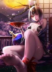 Rule 34 | 1girl, arm support, bare shoulders, barefoot, bob cut, cherry blossoms, fate/grand order, fate (series), feet, foot focus, highres, horns, licking lips, looking at viewer, pov, purple eyes, purple hair, shuten douji (fate), sitting, soles, toes, tongue, tongue out