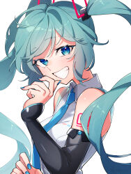 Rule 34 | 1girl, absurdres, aqua hair, bare shoulders, blue eyes, blue nails, blue necktie, breasts, collared shirt, commentary, dated commentary, detached sleeves, floating hair, from side, grin, hand up, hatsune miku, hatsune miku (vocaloid4), highres, long hair, looking at viewer, medium breasts, messy hair, nail polish, necktie, odd (miyoru), shirt, simple background, sleeveless, sleeveless shirt, smile, solo, swept bangs, twintails, upper body, v4x, very long hair, vocaloid, white background, white shirt