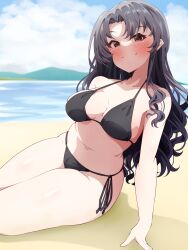 Rule 34 | 1girl, absurdres, bare arms, bare legs, bare shoulders, beach, bikini, black bikini, black hair, blue sky, blurry, blurry background, blush, breasts, cleavage, closed mouth, cloud, collarbone, commentary request, commission, cowboy shot, day, esukura (ehmj3588), halterneck, highres, idolmaster, idolmaster million live!, long hair, looking at viewer, medium breasts, navel, on ground, outdoors, parted bangs, red eyes, shadow, side-tie bikini bottom, sitting, skeb commission, sky, smile, solo, stomach, string bikini, swimsuit, takayama sayoko, very long hair, water, wavy hair