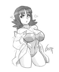 Rule 34 | 1girl, blush, breasts, cleavage, covered navel, creatures (company), curvy, female focus, game freak, gerph, gluteal fold, highres, jewelry, large breasts, monochrome, necklace, nintendo, one-piece swimsuit, philena ivy, pokemon, pokemon (anime), short hair, solo, swimsuit