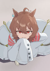Rule 34 | 1girl, absurdres, agnes tachyon (umamusume), ahoge, animal ears, blush, breasts, brown hair, coat, collared shirt, commentary request, earrings, feet out of frame, from above, hair between eyes, highres, horse ears, horse girl, jewelry, lab coat, long sleeves, looking at viewer, looking up, mugi mg317, red eyes, shirt, simple background, single earring, solo, umamusume, white background, white coat, white footwear