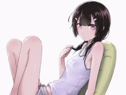 Rule 34 | 1girl, bare arms, bare legs, bare shoulders, black hair, blunt bangs, blush, breasts, closed mouth, commentary request, hair ornament, hairclip, knees up, long hair, looking at viewer, low-tied long hair, low twintails, midriff, midriff peek, original, purple eyes, shiny skin, shirt, shorts, simple background, sitting, sleeveless, small breasts, solo, tank top, tea (nakenashi), twintails, white background, white shirt, white shorts