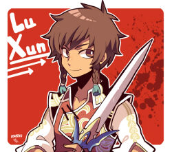 Rule 34 | 1boy, border, braid, bright pupils, brown eyes, brown hair, chinese clothes, collarbone, dated, holding, holding sword, holding weapon, jian (weapon), kotorai, looking at viewer, lu xun, male focus, shin sangoku musou, signature, smile, solo, splatter, sword, twin braids, upper body, weapon, white border, white pupils