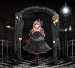 Rule 34 | 1girl, 2boys, blonde hair, blue fire, blush, checkered floor, dress, fantasy, fire, formal, from side, full body, gothic lolita, high heels, highres, lamp, lamppost, light, lolita fashion, long sleeves, looking at viewer, magic, mary janes, multiple boys, original, pants, pantyhose, pink hair, red pantyhose, shoes, simple background, standing, suit, takatori tsubasa, uniform