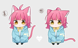 Rule 34 | 1girl, absurdres, ahoge, animal ear fluff, animal ears, blue jacket, blunt bangs, cat ears, cat girl, cat tail, chibi, closed mouth, collared shirt, commentary request, dress shirt, ears down, ears up, expressionless, eyebrows hidden by hair, grey background, highres, jacket, kashikaze, kemonomimi mode, long sleeves, looking at viewer, love live!, love live! nijigasaki high school idol club, medium hair, multiple views, neck ribbon, open clothes, open jacket, outline, pink hair, ribbon, school uniform, shirt, simple background, sleeves past fingers, sleeves past wrists, standing, tail, tennoji rina, translated, white outline, yellow eyes, yellow ribbon