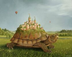 Rule 34 | aircraft, animal focus, artist name, cloud, cloudy sky, commentary request, day, dutch commentary, grass, hot air balloon, island turtle, mountainous horizon, on grass, original, outdoors, overcast, painting (medium), realistic, scenery, sky, suzan visser, town, traditional media, turtle