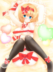 Rule 34 | 1girl, alice margatroid, black thighhighs, blonde hair, blue eyes, blush, breasts, female focus, hairband, large breasts, md5 mismatch, naked ribbon, ohka, ooka (ohkaworks!), ribbon, short hair, solo, thighhighs, touhou