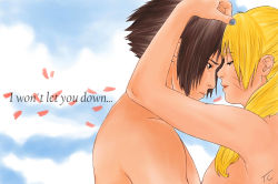Rule 34 | 1boy, 1girl, arm up, black eyes, black hair, blonde hair, blue eyes, breasts, cherry blossoms, closed mouth, couple, english text, eye contact, facial mark, facing another, from side, genderswap, genderswap (mtf), half-closed eyes, hand up, happy, hetero, highres, hug, long hair, looking at another, matching hair/eyes, medium breasts, naruko (naruto), naruto, naruto (series), ninuke, nude, petals, short hair, smile, topless, topless male, twintails, uchiha sasuke, upper body, uzumaki naruto, whisker markings, whiskers