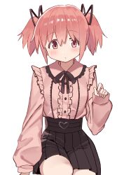 Rule 34 | 1girl, absurdres, cocoa (ultra mdk), highres, kaname madoka, long sleeves, looking at viewer, mahou shoujo madoka magica, pink hair, short twintails, simple background, smile, solo, twintails