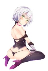Rule 34 | 1girl, ashino, ass, bandages, bare back, bare shoulders, black thighhighs, fate/apocrypha, fate/grand order, fate (series), full body, green eyes, high heels, jack the ripper (fate/apocrypha), looking at viewer, looking back, short hair, silver hair, simple background, skindentation, solo, thighhighs, thighs, thong, white background