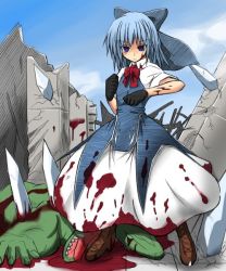 Rule 34 | 1girl, advent cirno, blood, blood on face, blood splatter, blue eyes, blue hair, bow, cirno, day, dress, empty eyes, female focus, guro, hair bow, jikai, matching hair/eyes, sky, solo, embodiment of scarlet devil, touhou