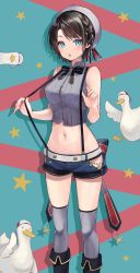 Rule 34 | 1girl, :o, absurdres, aqua background, aqua eyes, back bow, backwards hat, baseball cap, beret, bird, black bow, black bowtie, black hair, blue shorts, bow, bowtie, braid, breasts, button gap, clothes pull, clothing cutout, cowboy shot, crop top, drop shadow, duck, grey shirt, grey thighhighs, hat, hat ribbon, highres, hip vent, hololive, lace trim, light blush, looking at viewer, medium breasts, midriff, multicolored background, official alternate costume, oozora subaru, oozora subaru (work), open mouth, over-kneehighs, parted bangs, pi tayuko, pinstripe pattern, pinstripe shirt, pulling own clothes, red bow, red ribbon, ribbon, shirt, short hair, short shorts, shorts, side braid, sleeveless, sleeveless shirt, solo, standing, star (symbol), striped clothes, striped shirt, subaru duck, suspender shorts, suspenders, suspenders pull, swept bangs, thighhighs, thighs, turtleneck, vertical-striped clothes, vertical-striped shirt, virtual youtuber, white hat