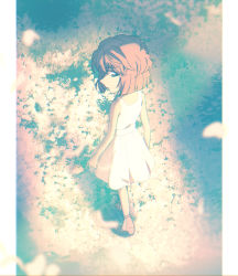 Rule 34 | 1girl, bad id, bad pixiv id, blue eyes, blurry, blurry foreground, brown hair, child, closed mouth, dress, flower, from behind, full body, hage ta, haibara ai, looking at viewer, looking back, meitantei conan, petals, profile, short dress, short hair, sleeveless, sleeveless dress, solo, sundress, walking, white dress, white flower