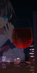 Rule 34 | 1girl, akai ronii, alcohol, black hair, black sailor collar, blue eyes, commentary request, cup, drinking glass, empty eyes, hand up, indoors, long sleeves, night, night sky, original, parted lips, red neckwear, reflection, sailor collar, shirt, sky, solo, white shirt, window, wine, wine glass